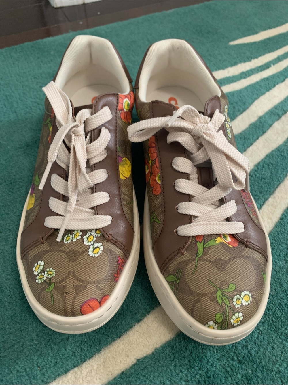 Coach Floral Canvas & Brown Leather Low-Top Sneakers with Cream Laces